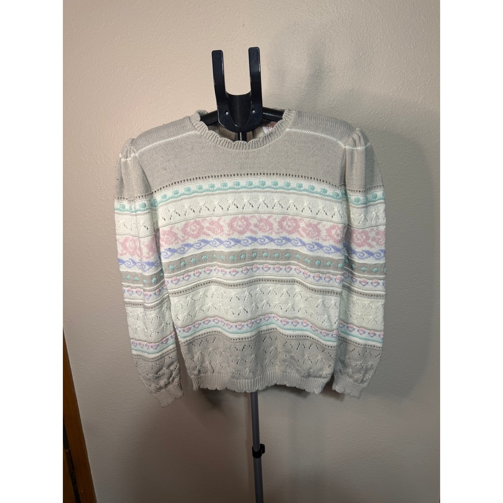 Vintage Beldoch Popper Fair Isle Pointelle Knit Sweater‎ Pastel Puff Sleeve Grey